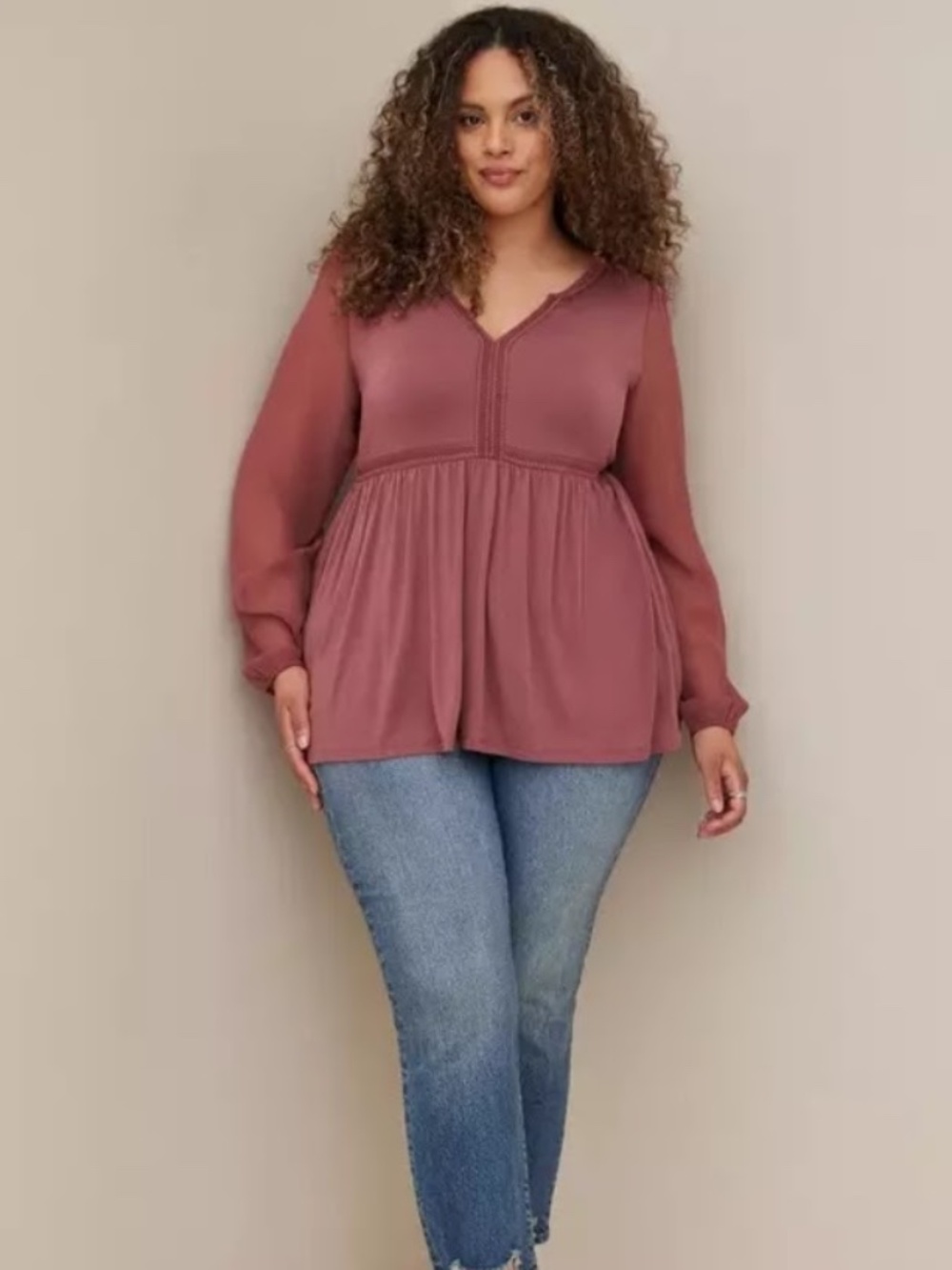 Torrid Babydoll Fabric Mix Super Soft Balloon Chiffon Sleeve Top Mauve Size 4X